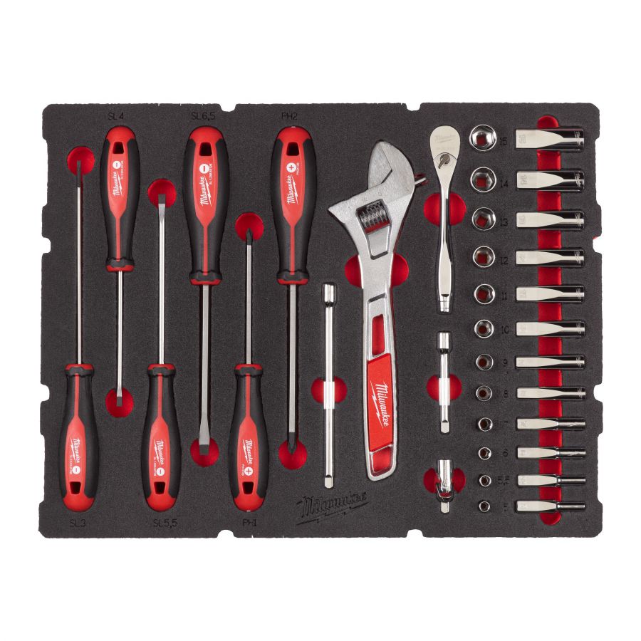 1/4 Ratschen- u. Steckschlüsseleinsätze, Tri-Lobe-Schraubendreher & Rollgabelschlüssel Einlage 35-teilige Einlage für PACKOUT Koffer mit Schubladen - 1 Stück